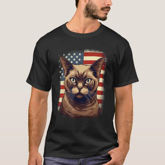 アメリカ国旗とビルマ猫 7月4日 1 Tシャツ (正面)