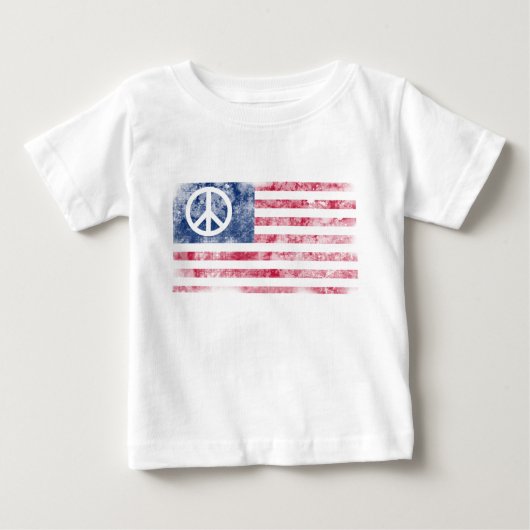 アメリカ国旗とピースシンボルのダストレスデザイン ベビーTシャツ (正面)