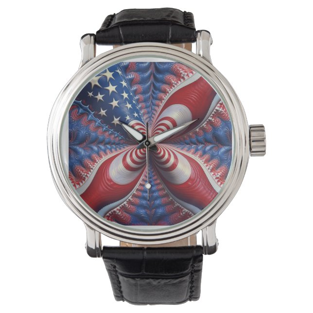 アメリカ国旗とフラクタルのブレンド 腕時計 (正面)