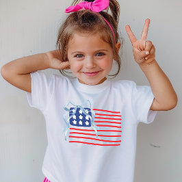 アメリカ国旗とブルーボウが付いた愛国的なキッズTシャツ ベビーTシャツ