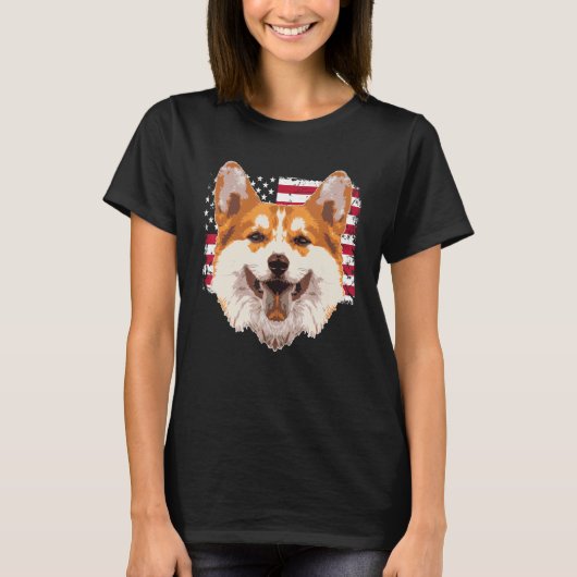 アメリカ国旗とペンブロークウェルシュコーギー2 Tシャツ (正面)
