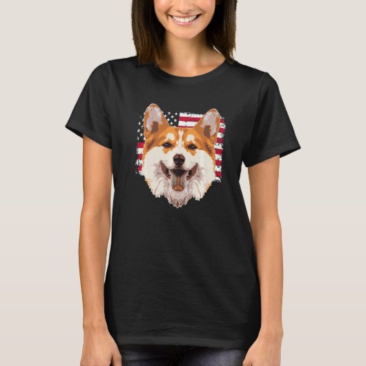 アメリカ国旗とペンブロークウェルシュコーギー 2 Tシャツ (正面)