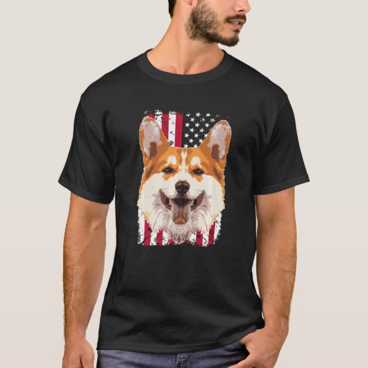 アメリカ国旗とペンブローク・ウェルシュ・コーギー 3 Tシャツ (正面)