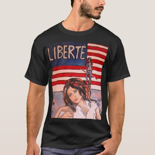 アメリカ国旗とヴィンテージスタイルの自由の女神の肖像 Tシャツ (正面)