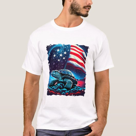 アメリカ国旗と共に月下に佇むアメリカガメ Tシャツ (正面)