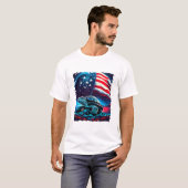 アメリカ国旗と共に月下に佇むアメリカガメ Tシャツ (正面フル)