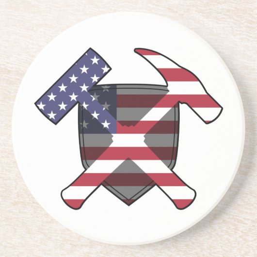 アメリカ国旗と地質学者のロックハンマーのロゴ コースター (正面)
