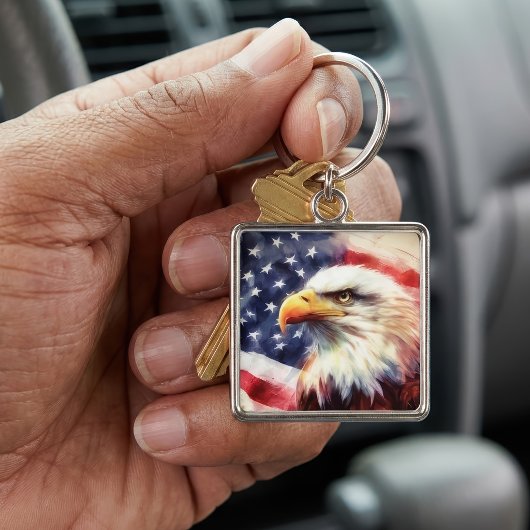 アメリカ国旗と堂々たるハクトウワシの肖像 キーホルダー