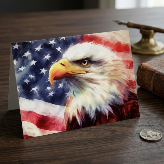 アメリカ国旗と堂々たるハクトウワシの肖像 サンキューカード