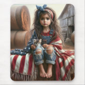アメリカ国旗と子猫を持つ女の子 マウスパッド (正面)