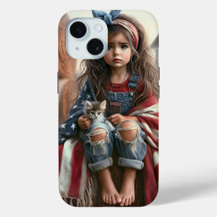 アメリカ国旗と子猫を持つ女の子 iPhone 15ケース