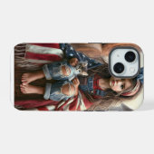 アメリカ国旗と子猫を持つ女の子 iPhone 15ケース (裏面横)