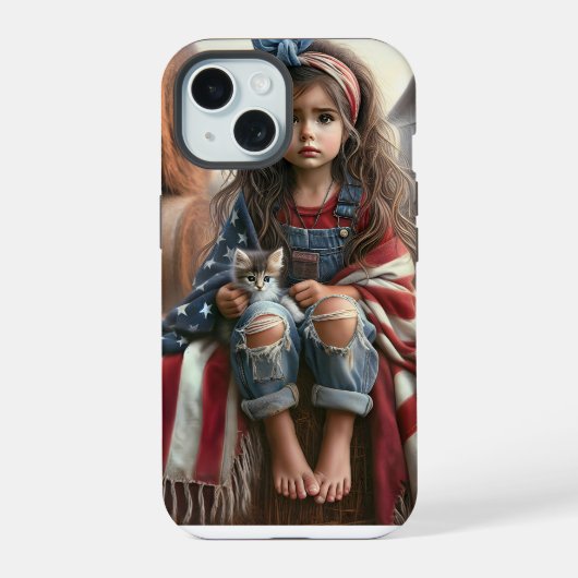 アメリカ国旗と子猫を持つ女の子 iPhone 15ケース (裏面)