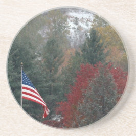 アメリカ国旗と山と秋雪 コースター