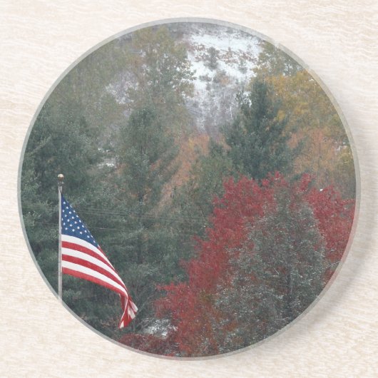 アメリカ国旗と山と秋雪 コースター (正面)