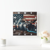 アメリカ国旗と山に向かって突進する スクエア壁時計 (ホーム)