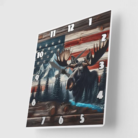 アメリカ国旗と山に向かって突進する スクエア壁時計 (傾斜)