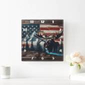 アメリカ国旗と山に向かって突進する スクエア壁時計 (ホーム)