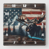 アメリカ国旗と山に向かって突進する スクエア壁時計 (正面)