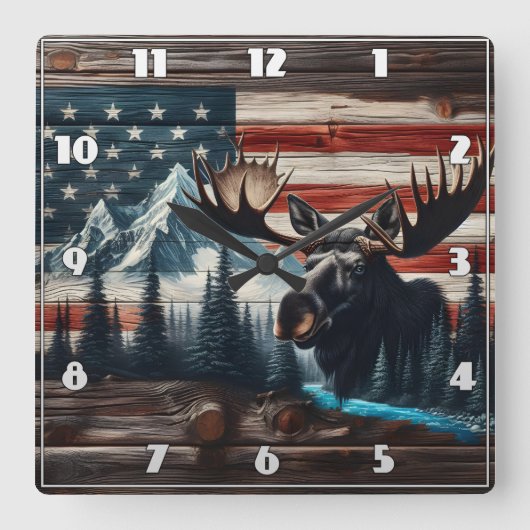 アメリカ国旗と山に向かって突進する スクエア壁時計 (正面)