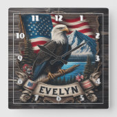 アメリカ国旗と山に突き刺さったワシ スクエア壁時計 (正面)