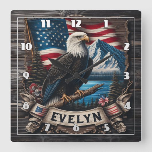 アメリカ国旗と山に突き刺さったワシ スクエア壁時計 (正面)