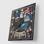 アメリカ国旗と山に突き刺さったワシ スクエア壁時計 (傾斜)