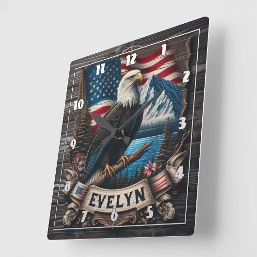 アメリカ国旗と山に突き刺さったワシ スクエア壁時計 (傾斜)