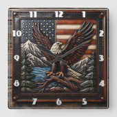 アメリカ国旗と山の禿げたワシ スクエア壁時計 (正面)