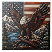 アメリカ国旗と山の禿げたワシ タイル (正面)