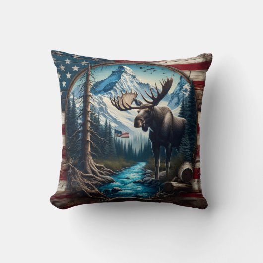 アメリカ国旗と山の風景のムース クッション (正面)