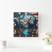 アメリカ国旗と山の風景のムース スクエア壁時計 (ホーム)