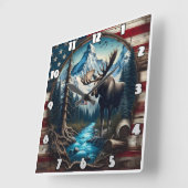 アメリカ国旗と山の風景のムース スクエア壁時計 (傾斜)