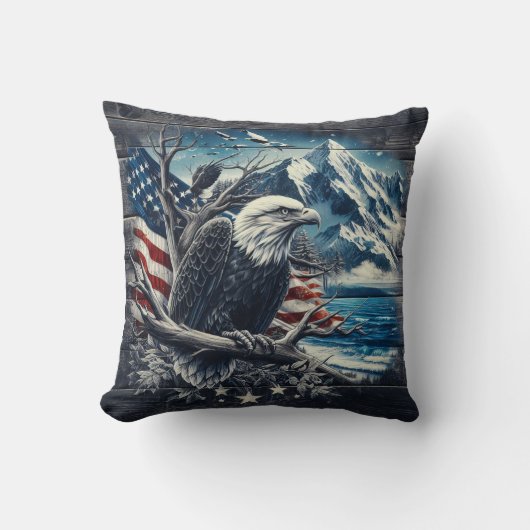 アメリカ国旗と山を持つ壮大なワシ クッション (正面)