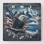 アメリカ国旗と山を持つ壮大なワシ スクエア壁時計 (正面)