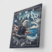 アメリカ国旗と山を持つ壮大なワシ スクエア壁時計 (傾斜)