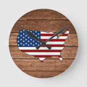 アメリカ国旗と木製表面の地図 ラウンド壁時計 (正面)
