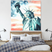 アメリカ国旗と水彩画の自由の女神像 キャンバスプリント (インサイチュ (寝室))