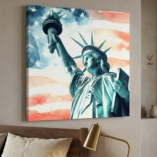 アメリカ国旗と水彩画の自由の女神像 キャンバスプリント