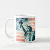 アメリカ国旗と水彩画の自由の女神像 コーヒーマグカップ (左)