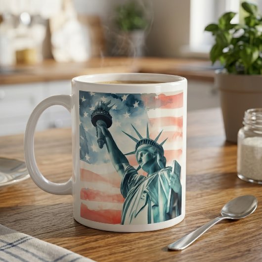 アメリカ国旗と水彩画の自由の女神像 コーヒーマグカップ
