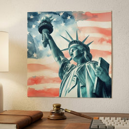 アメリカ国旗と水彩画の自由の女神像 ポスター
