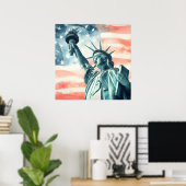 アメリカ国旗と水彩画の自由の女神像 ポスター (ホームオフィス)