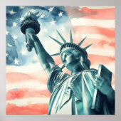 アメリカ国旗と水彩画の自由の女神像 ポスター (正面)