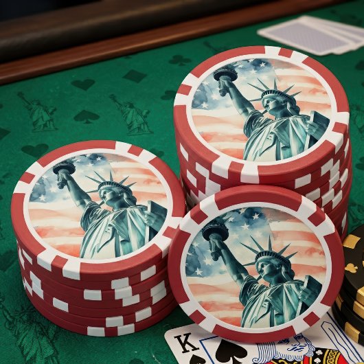 アメリカ国旗と水彩画の自由の女神像 ポーカーチップ