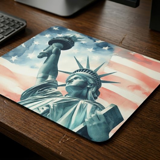 アメリカ国旗と水彩画の自由の女神像 マウスパッド