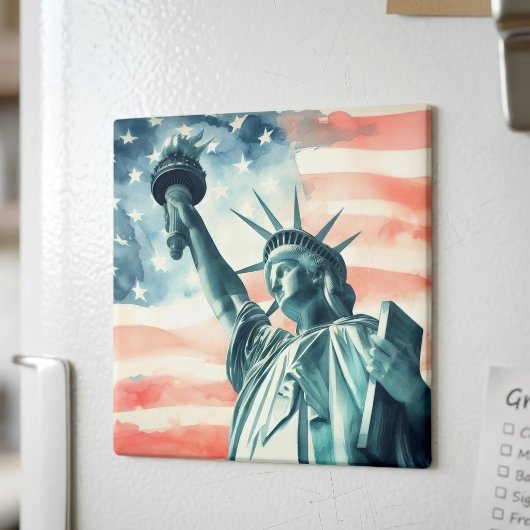 アメリカ国旗と水彩画の自由の女神像 マグネット