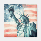 アメリカ国旗と水彩画の自由の女神像 マグネット (正面)