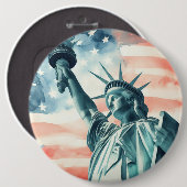 アメリカ国旗と水彩画の自由の女神像 缶バッジ (正面&裏面)