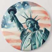アメリカ国旗と水彩画の自由の女神像 缶バッジ (正面)